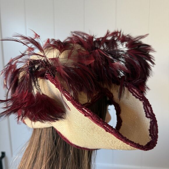 VTG 50s 60s Derby Hat Handmade Straw Feathers Crochet Whimsigoth Boho Cottage - Picture 2 of 13